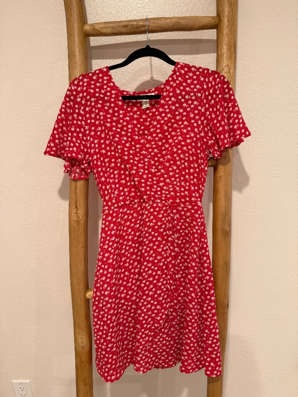 Red floral wrap dress, cap sleeves